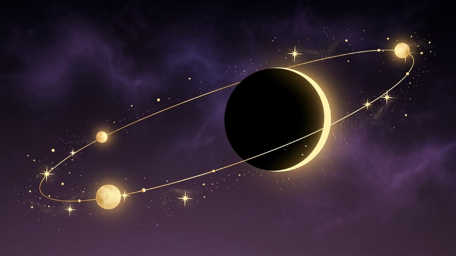 The Black Moon Lilith: a dark lunar disc with a thin golden rim on a violet cosmic sky — the chart's untamed point
