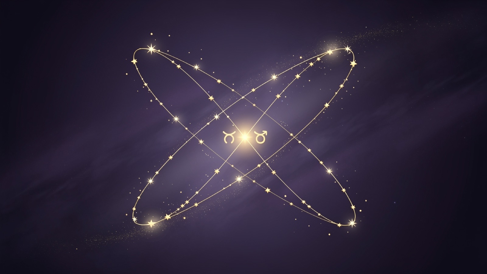 Deux anneaux orbitaux qui se croisent avec les points lumineux des nœuds — l'axe des nœuds lunaires du thème