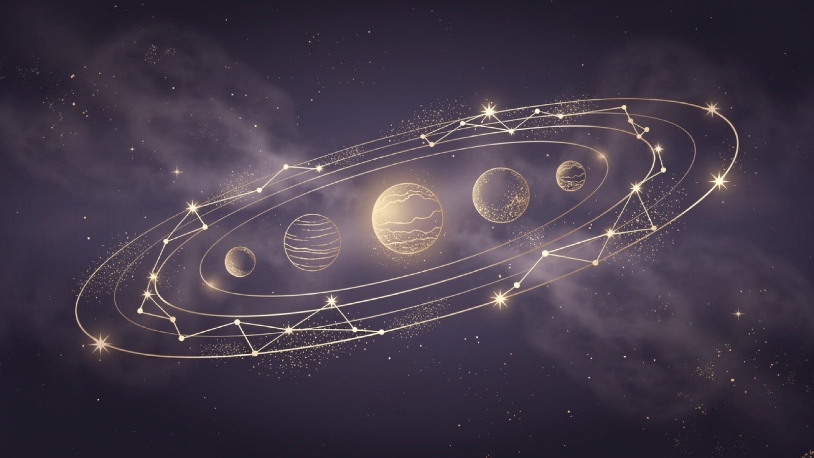 The solar system planets aligned along glowing golden orbital rings on a violet night sky — every planet of the birth chart