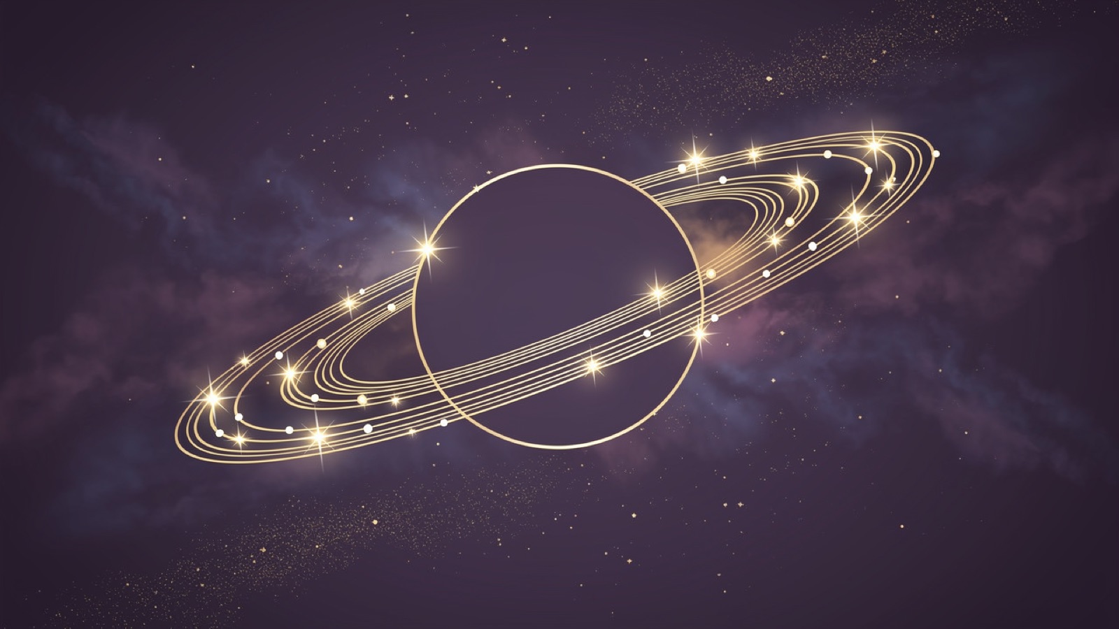 Saturn with magnificent golden rings on a deep violet night sky — the planet of the 29-year return cycle