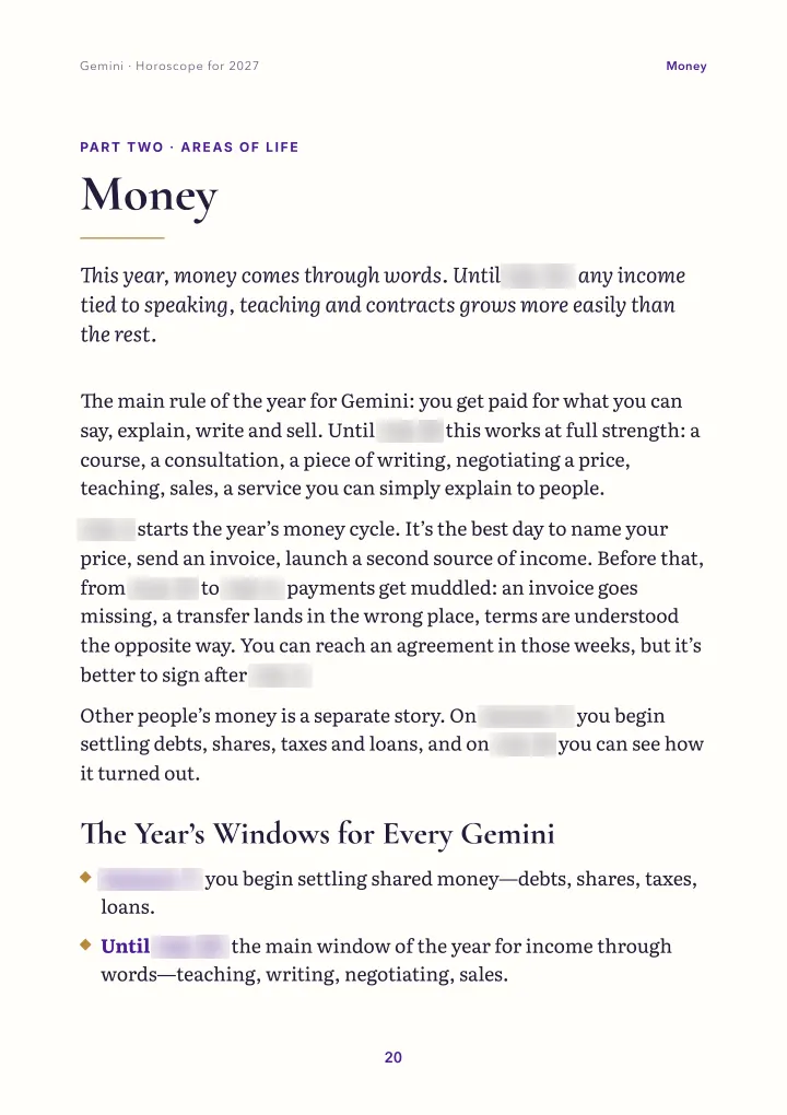 Book page: areas of life (dates blurred)