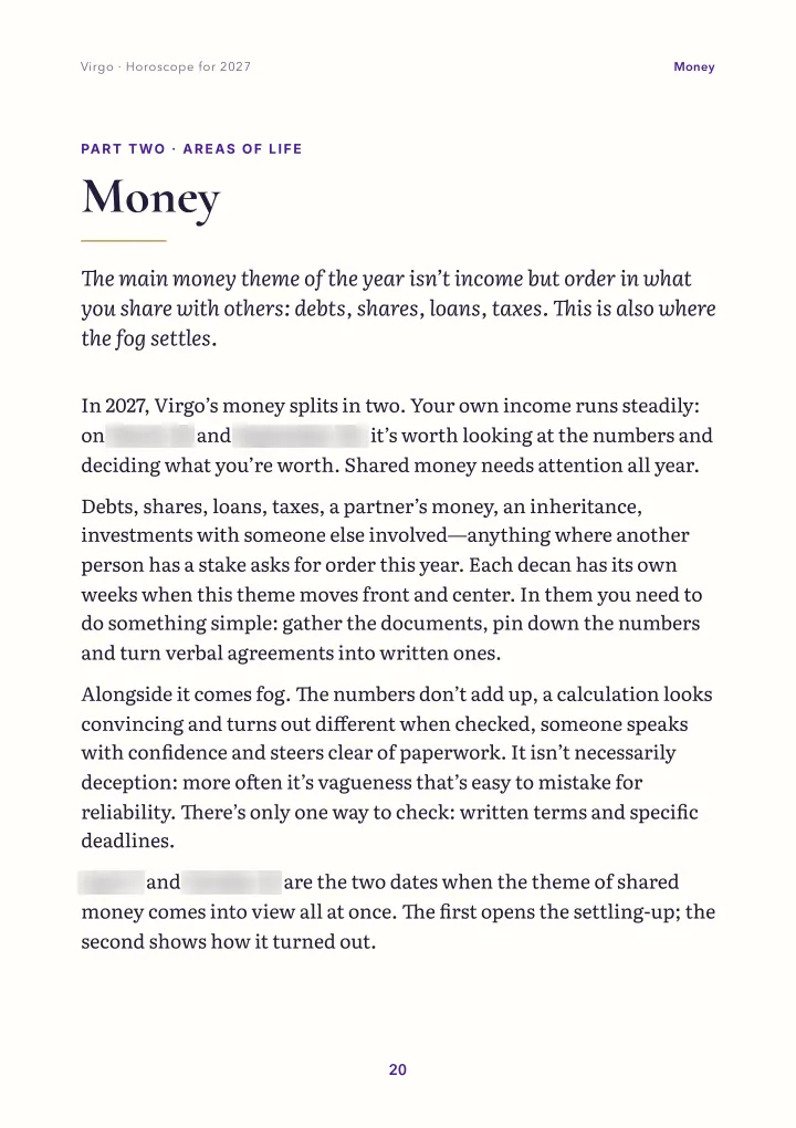 Book page: areas of life (dates blurred)