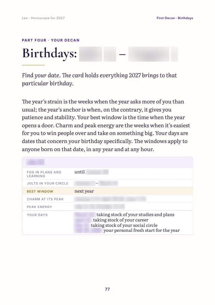Book page: birthday card (dates blurred)