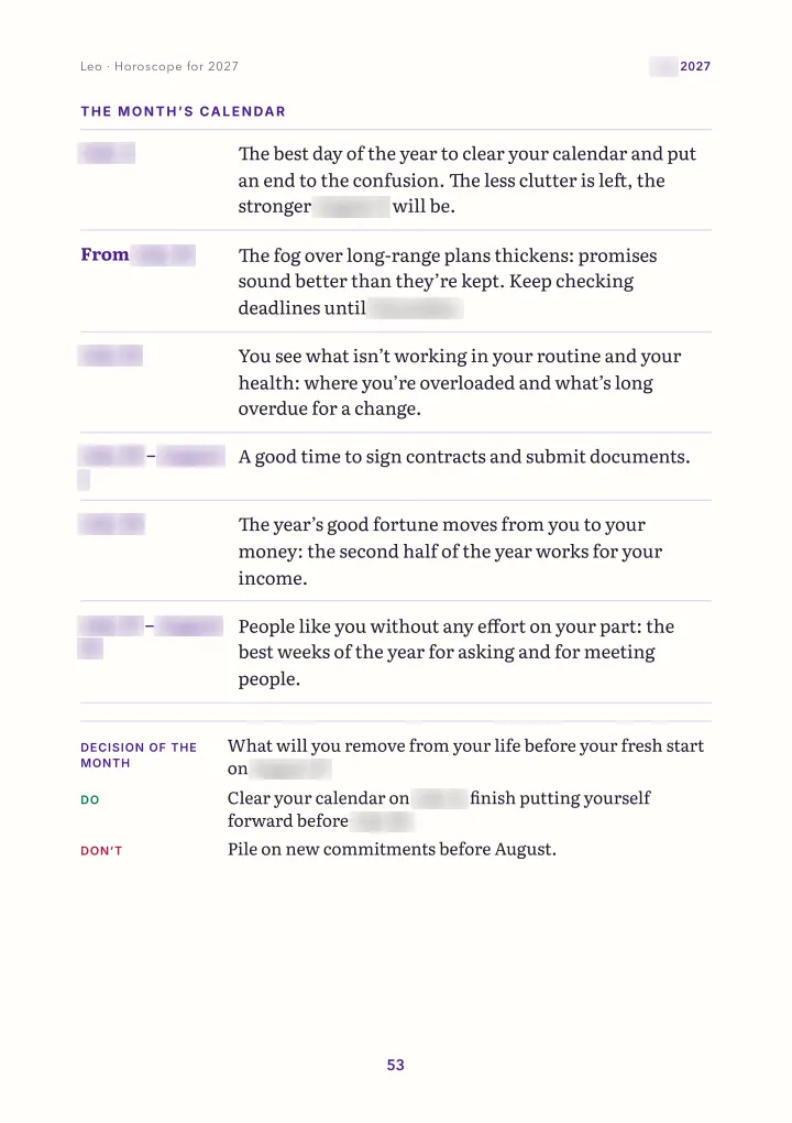 Book page: month: calendar (dates blurred)