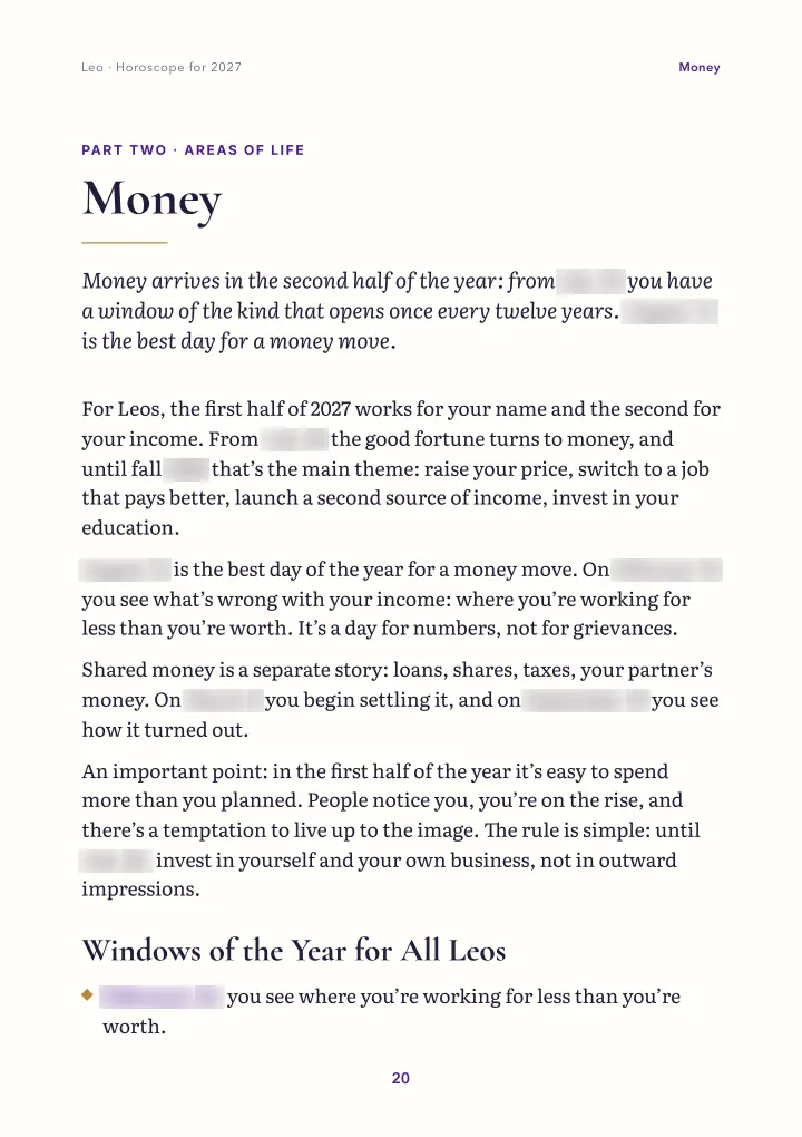 Book page: areas of life (dates blurred)