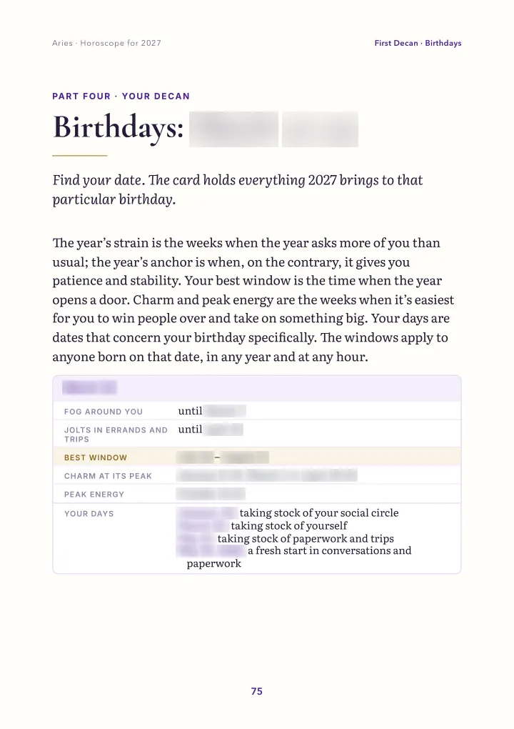 Book page: birthday card (dates blurred)