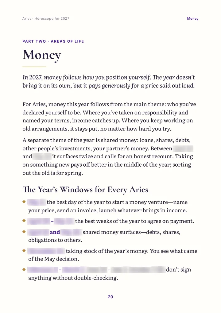 Book page: areas of life (dates blurred)