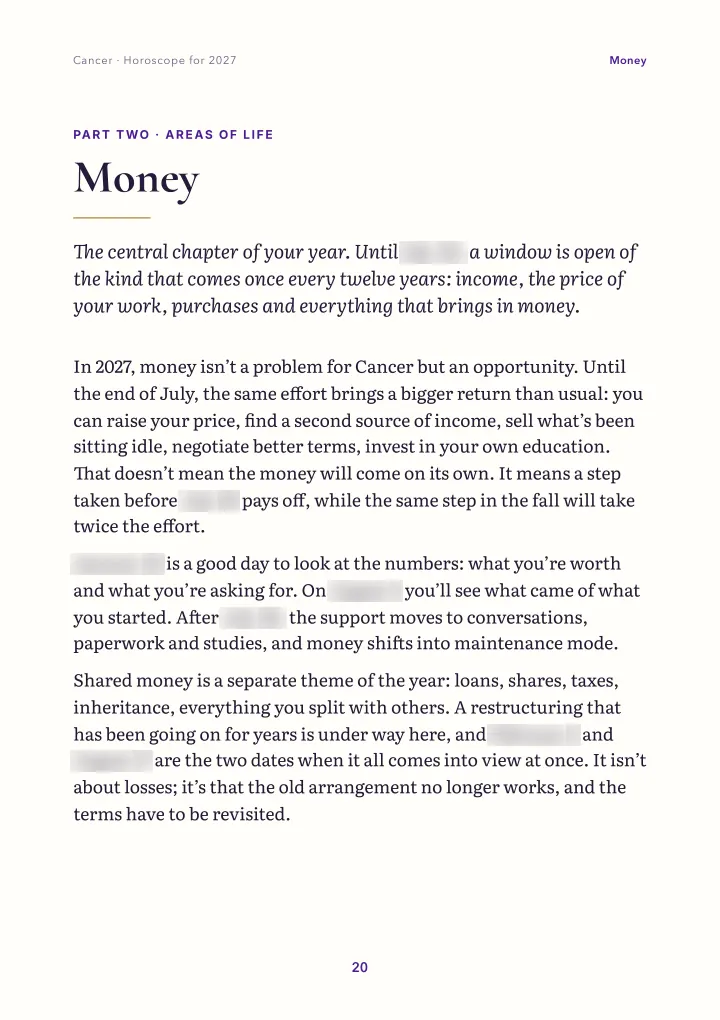 Book page: areas of life (dates blurred)