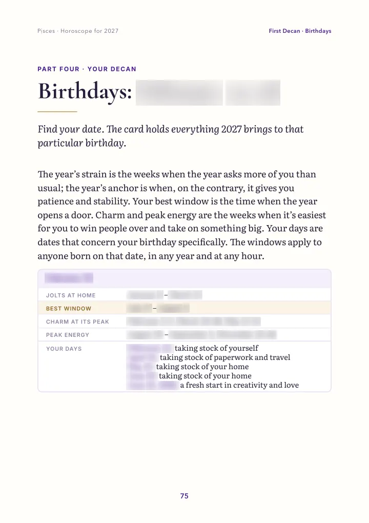 Book page: birthday card (dates blurred)