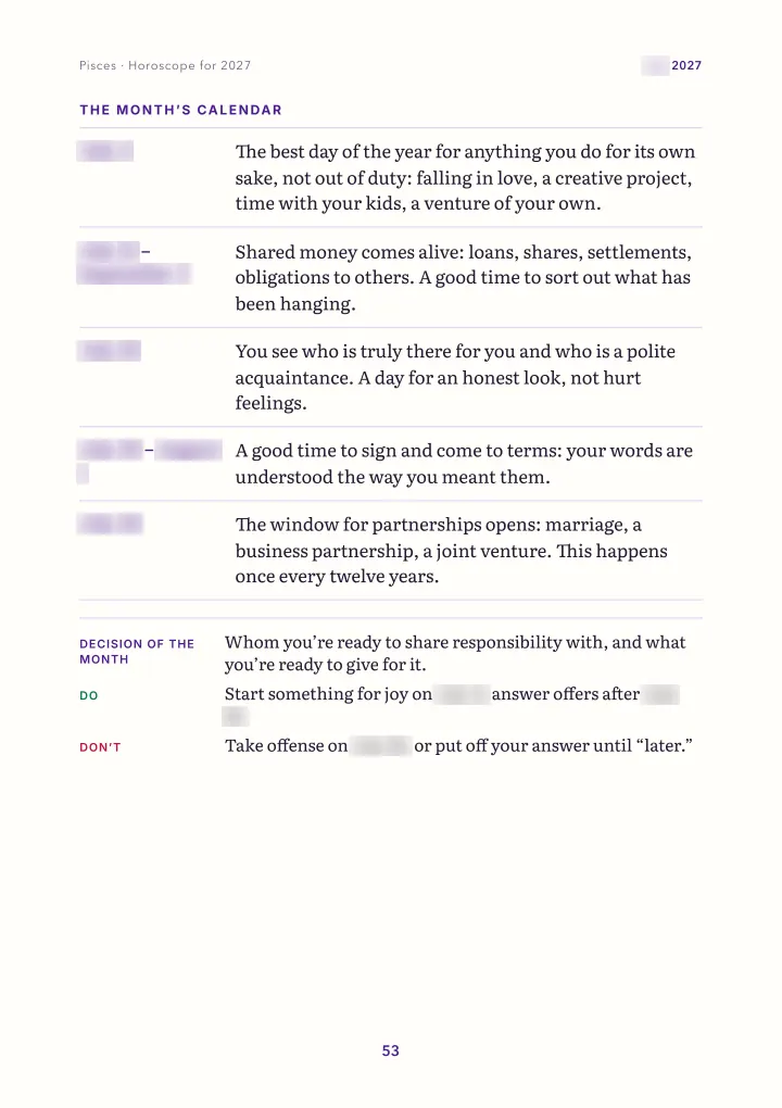 Book page: month: calendar (dates blurred)