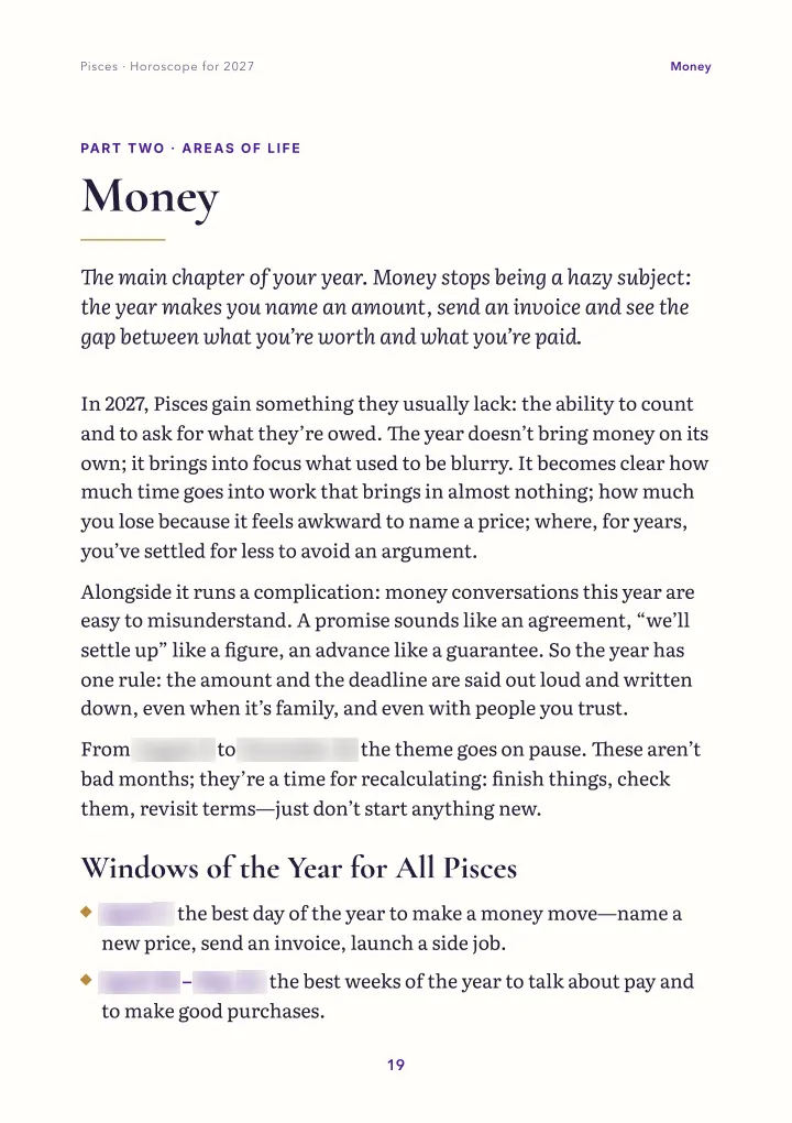 Book page: areas of life (dates blurred)