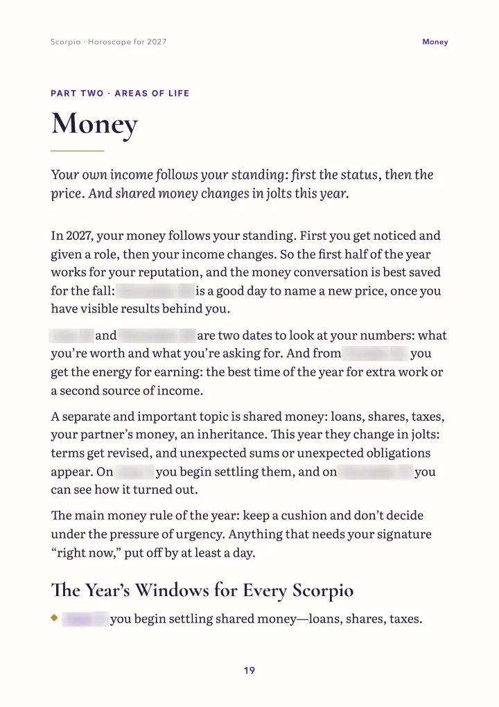 Book page: areas of life (dates blurred)