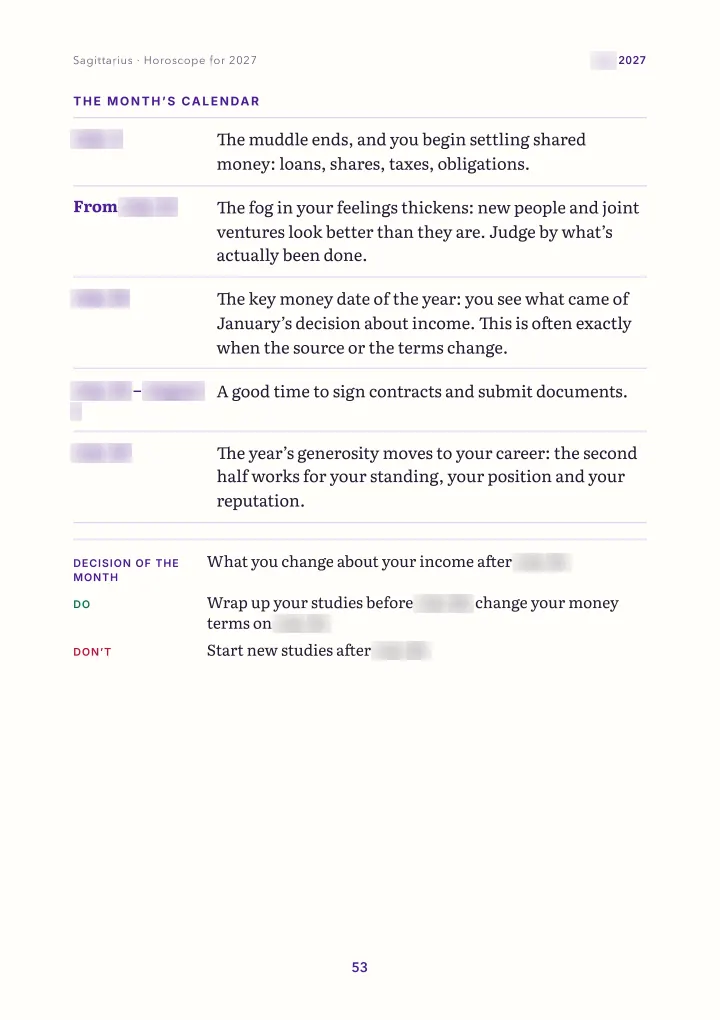 Book page: month: calendar (dates blurred)