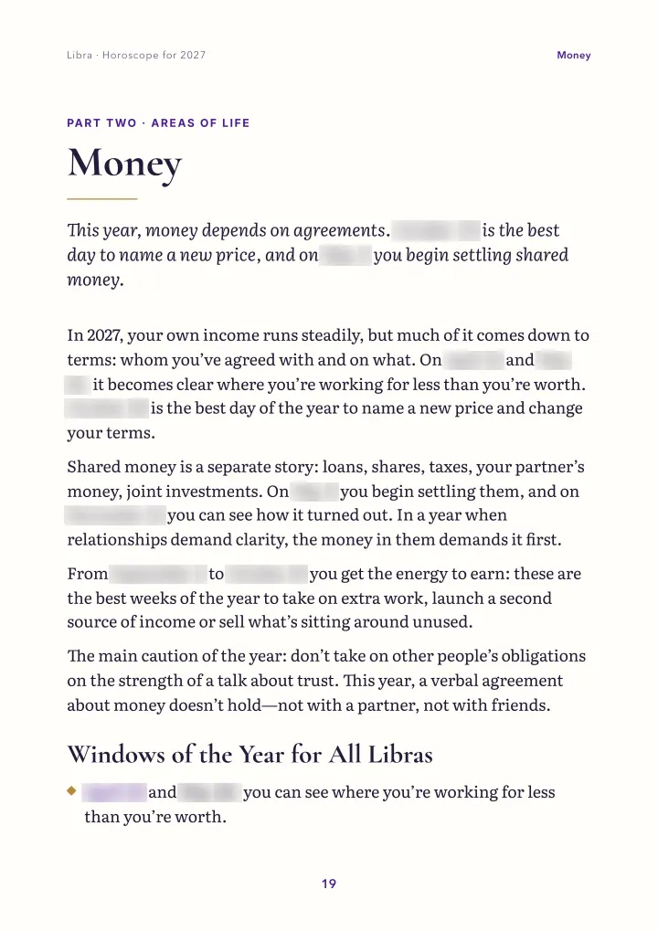 Book page: areas of life (dates blurred)