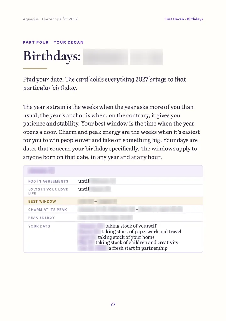 Book page: birthday card (dates blurred)