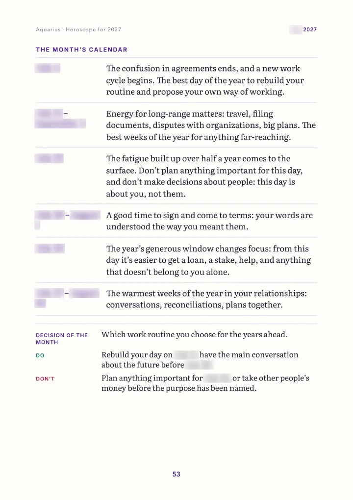Book page: month: calendar (dates blurred)
