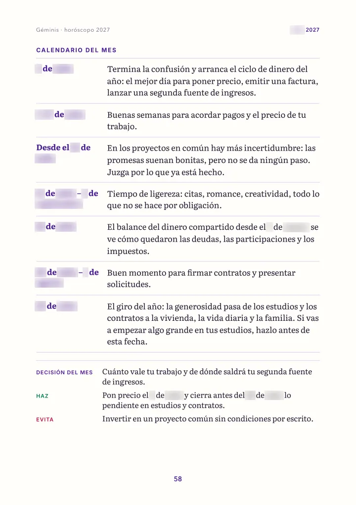 Página del libro: el mes: calendario (fechas difuminadas)