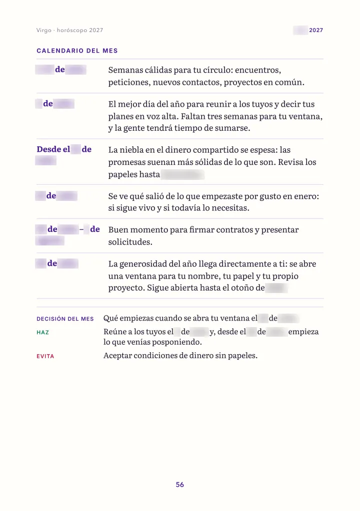 Página del libro: el mes: calendario (fechas difuminadas)