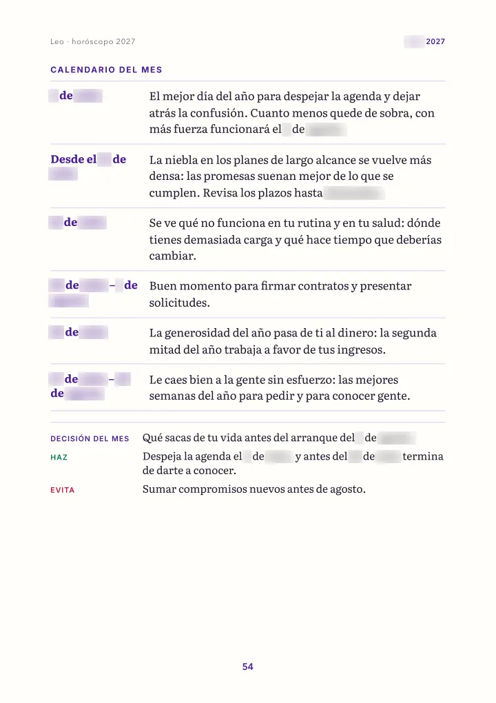 Página del libro: el mes: calendario (fechas difuminadas)