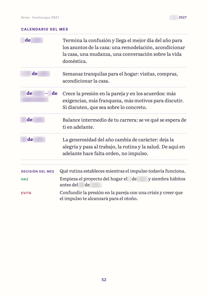 Página del libro: el mes: calendario (fechas difuminadas)