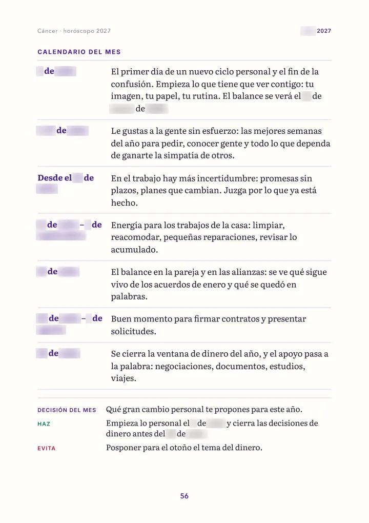 Página del libro: el mes: calendario (fechas difuminadas)