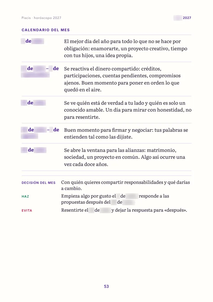 Página del libro: el mes: calendario (fechas difuminadas)