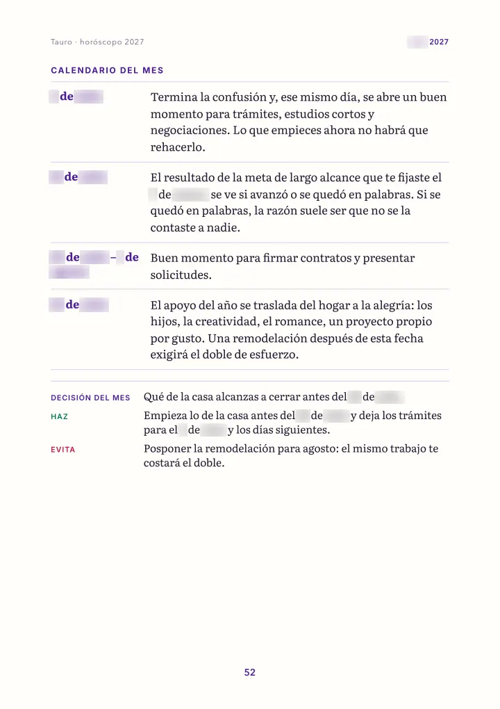 Página del libro: el mes: calendario (fechas difuminadas)