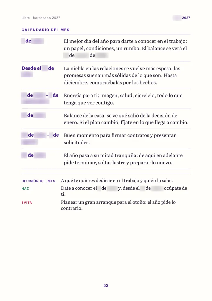 Página del libro: el mes: calendario (fechas difuminadas)