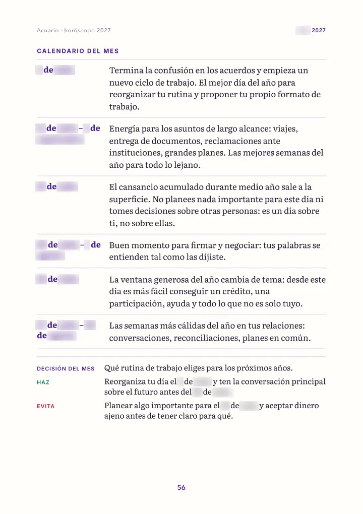 Página del libro: el mes: calendario (fechas difuminadas)