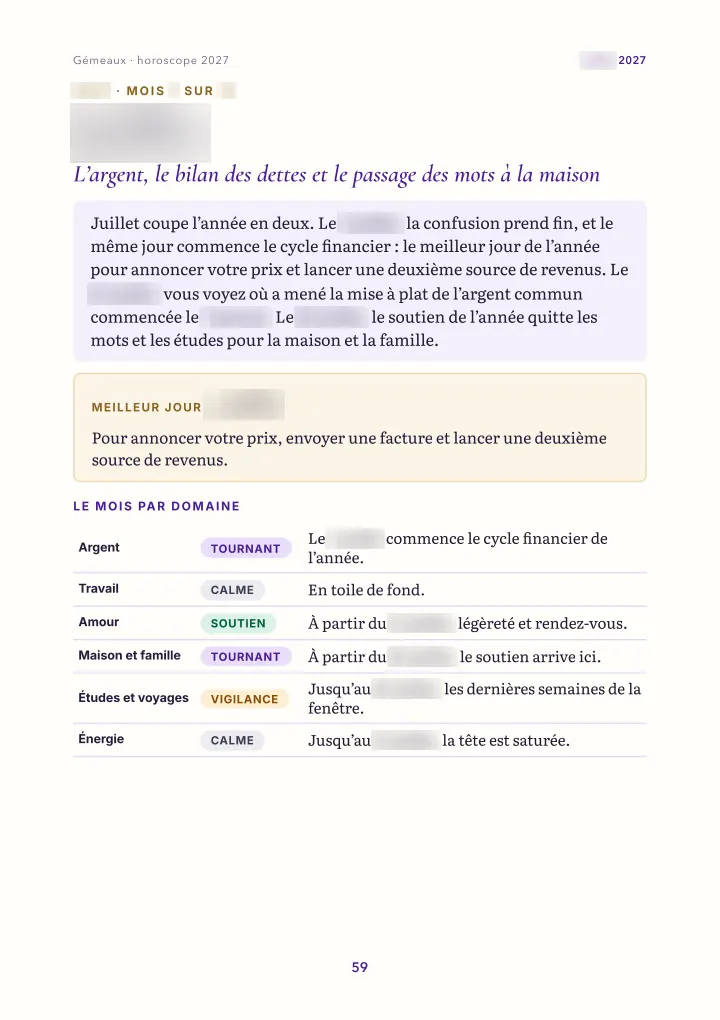 Page du livre : le mois : vue d'ensemble (dates floutées)
