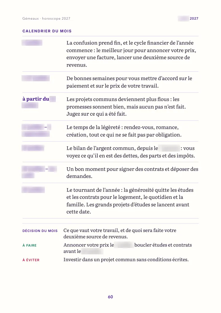 Page du livre : le mois : calendrier (dates floutées)