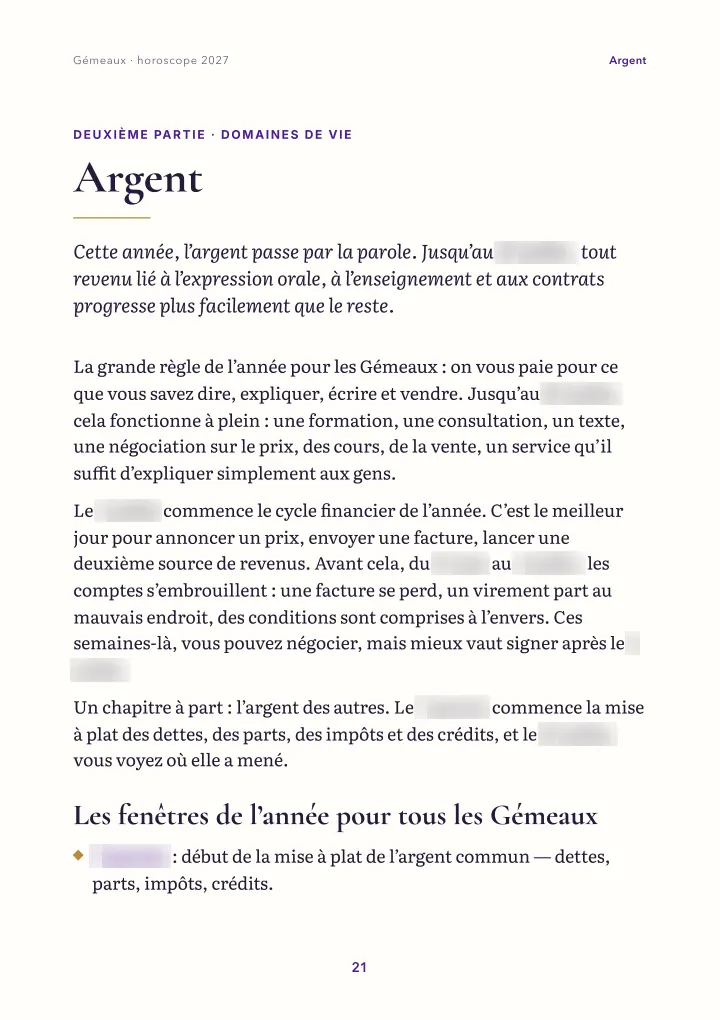 Page du livre : domaines de vie (dates floutées)