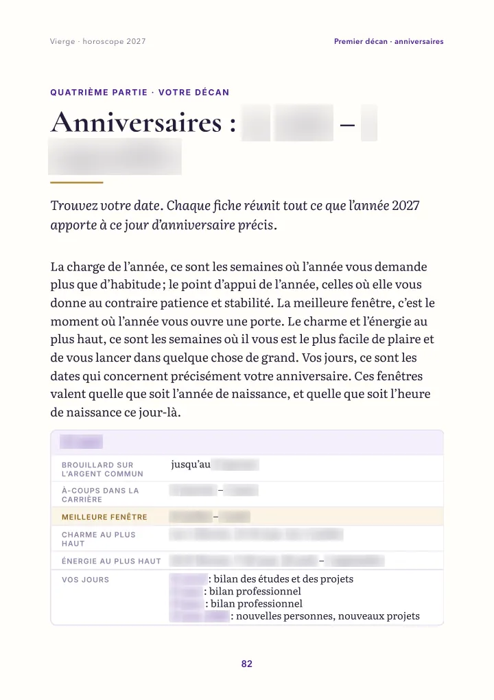 Page du livre : carte d'anniversaire (dates floutées)