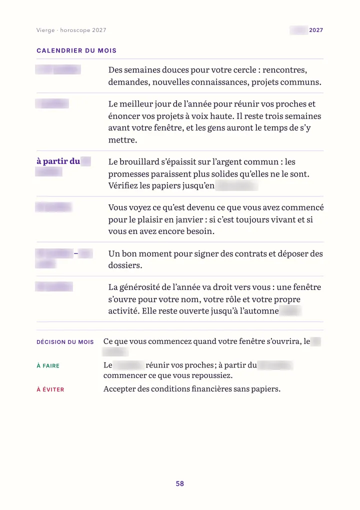 Page du livre : le mois : calendrier (dates floutées)