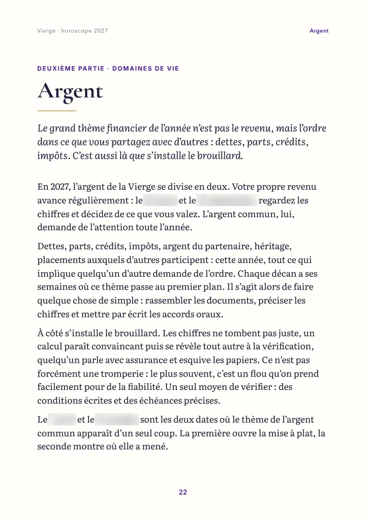 Page du livre : domaines de vie (dates floutées)