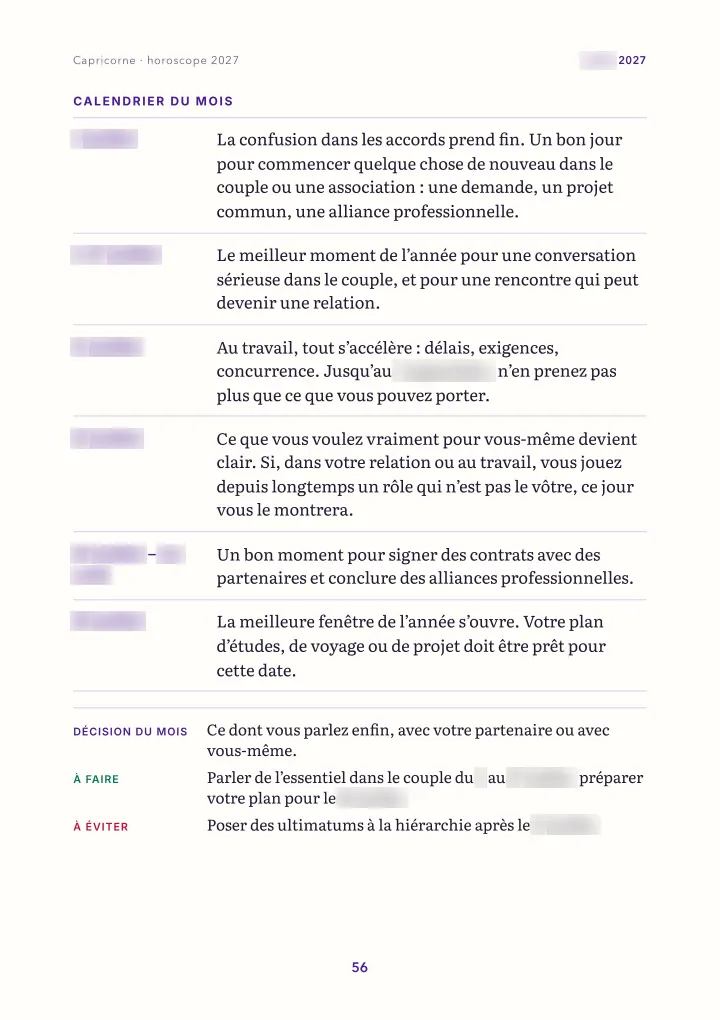 Page du livre : le mois : calendrier (dates floutées)