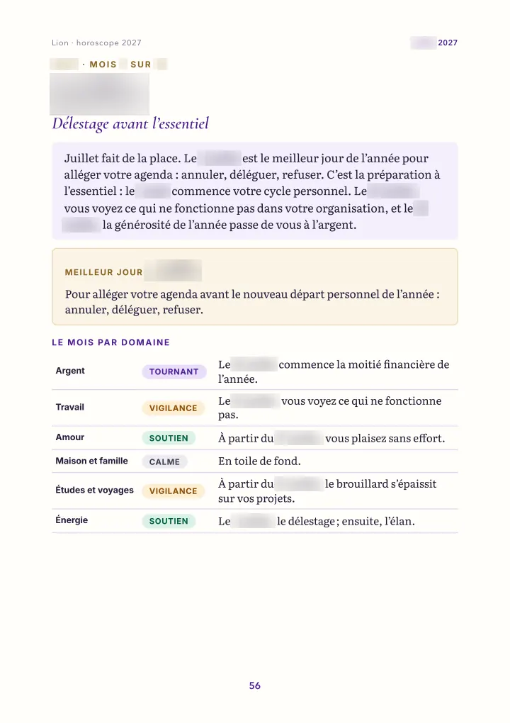 Page du livre : le mois : vue d'ensemble (dates floutées)