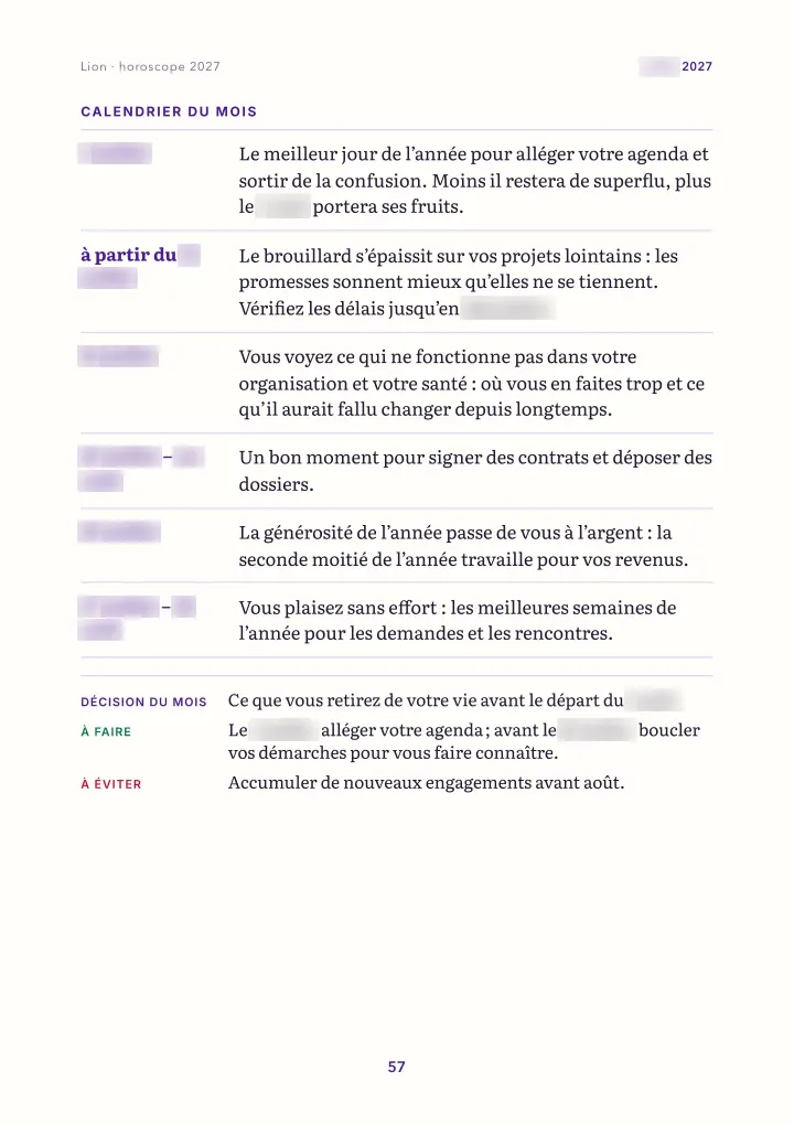 Page du livre : le mois : calendrier (dates floutées)