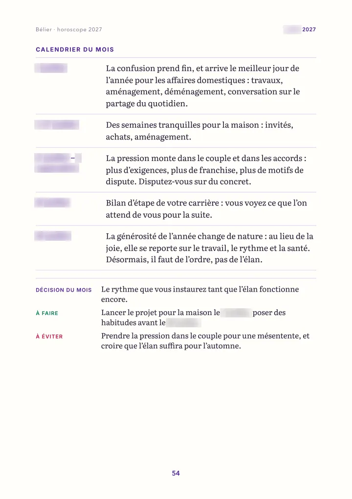 Page du livre : le mois : calendrier (dates floutées)