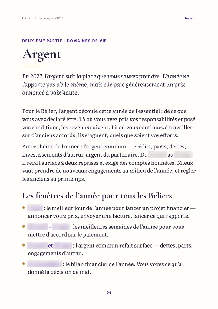 Page du livre : domaines de vie (dates floutées)