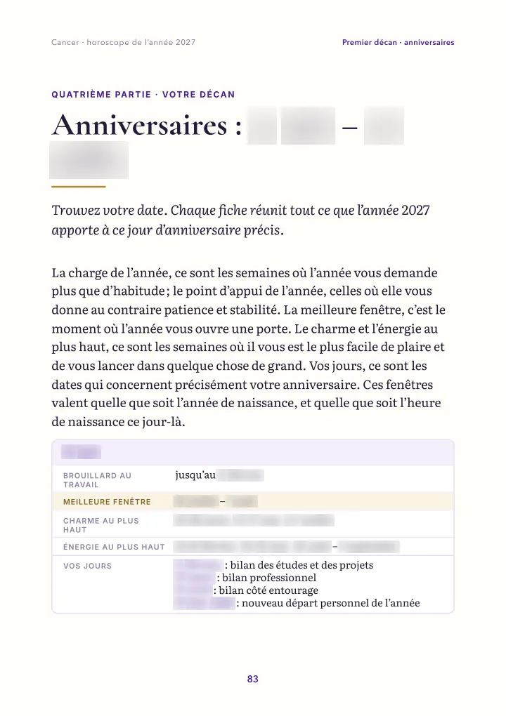 Page du livre : carte d'anniversaire (dates floutées)