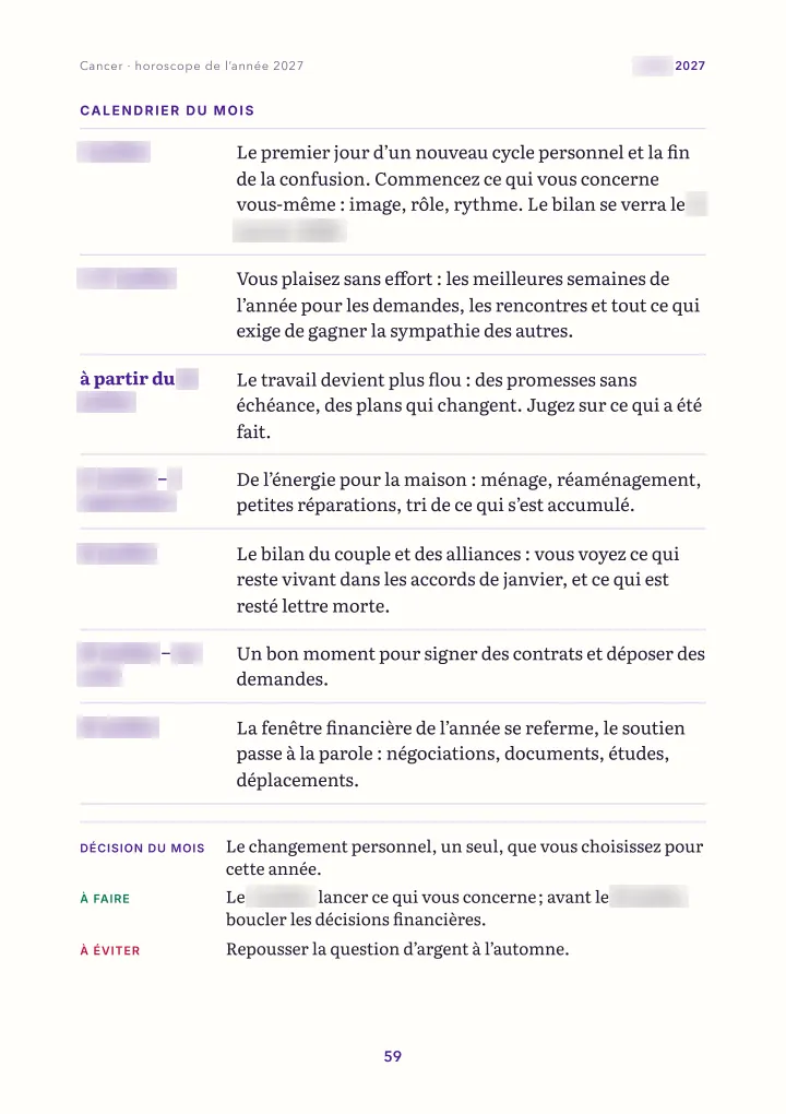 Page du livre : le mois : calendrier (dates floutées)