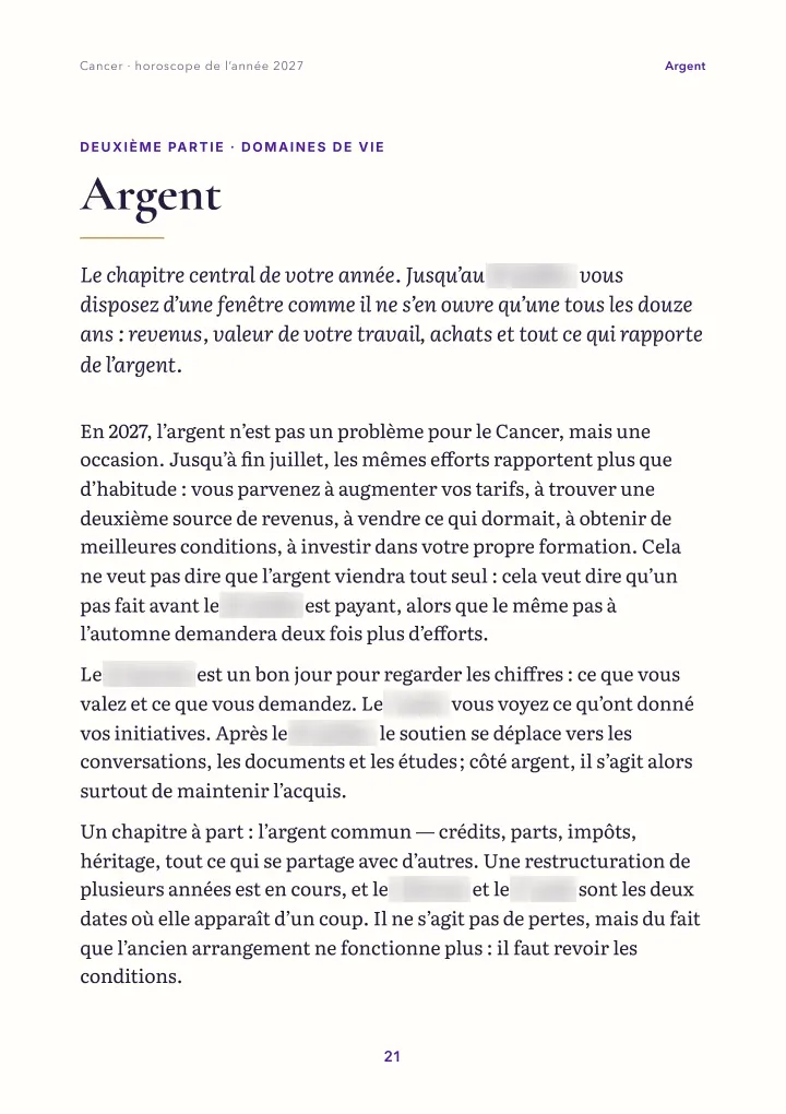 Page du livre : domaines de vie (dates floutées)