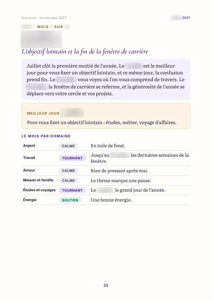 Page du livre : le mois : vue d'ensemble (dates floutées)