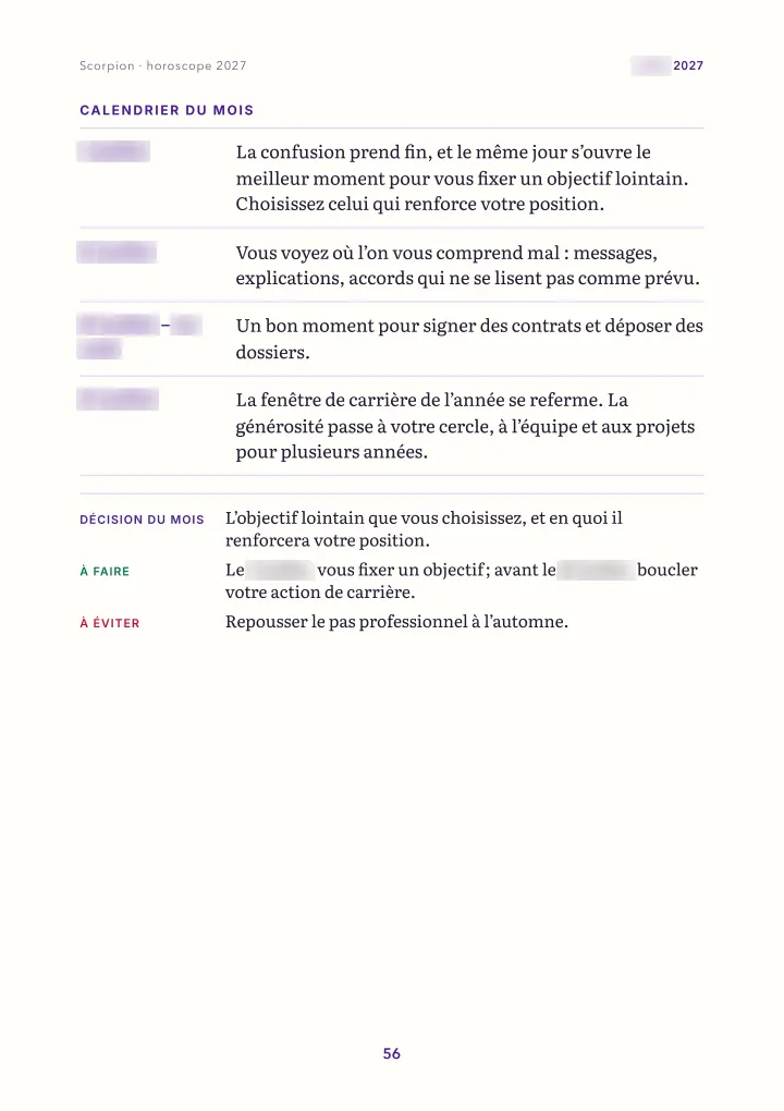 Page du livre : le mois : calendrier (dates floutées)