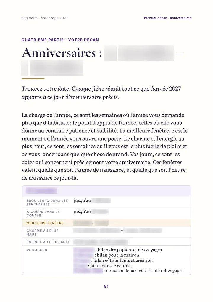 Page du livre : carte d'anniversaire (dates floutées)