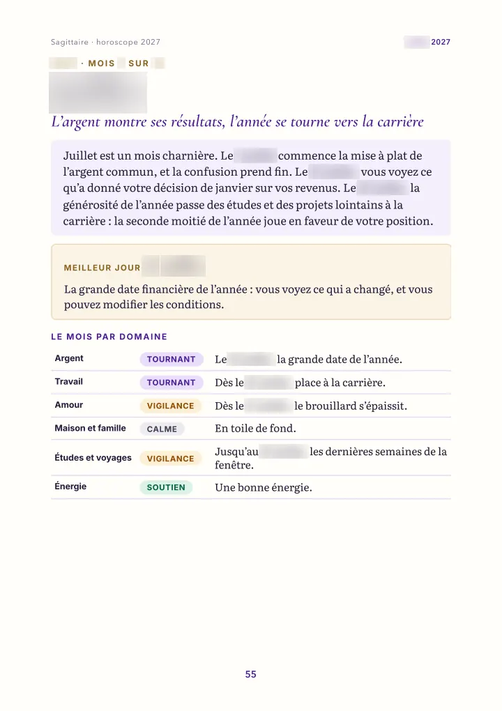 Page du livre : le mois : vue d'ensemble (dates floutées)