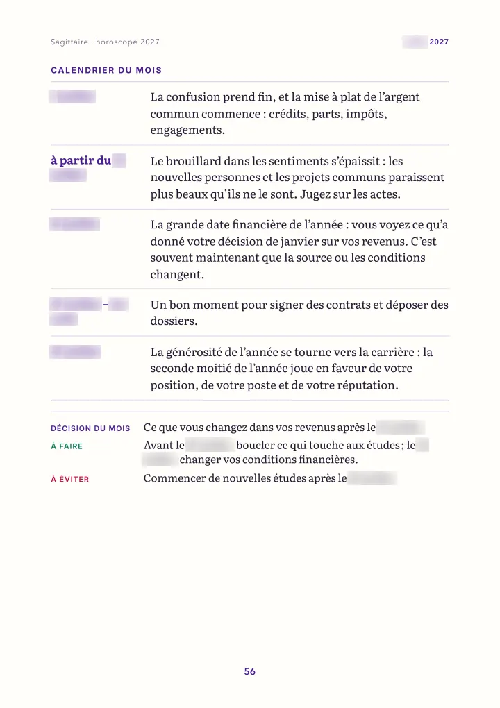 Page du livre : le mois : calendrier (dates floutées)