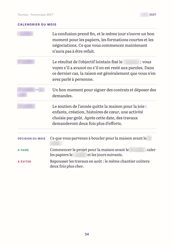 Page du livre : le mois : calendrier (dates floutées)