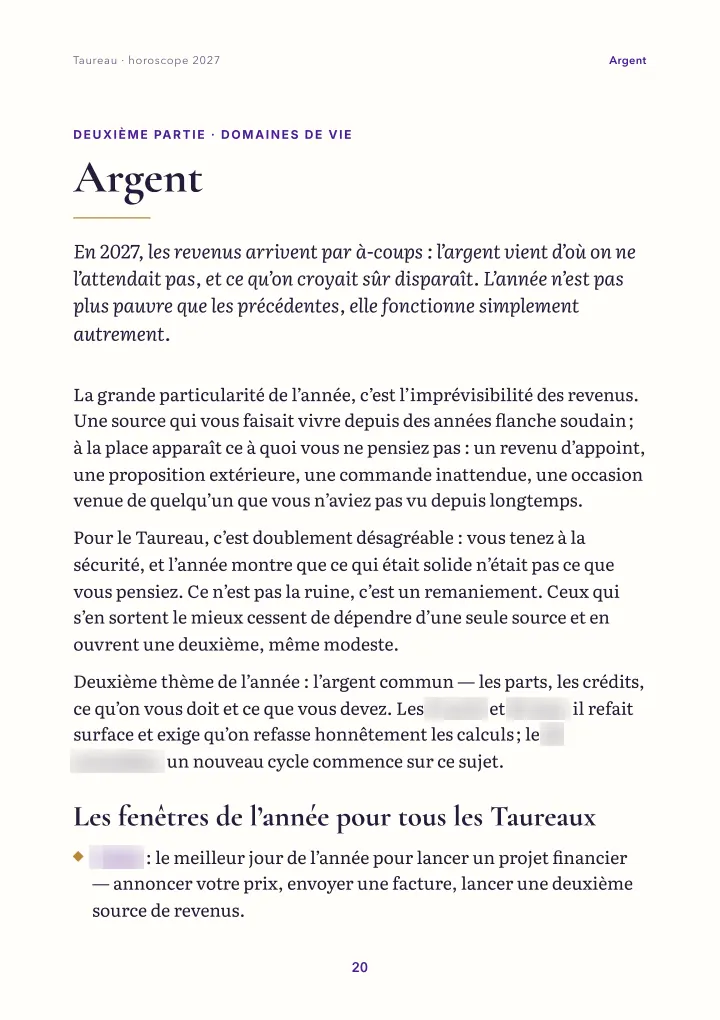 Page du livre : domaines de vie (dates floutées)